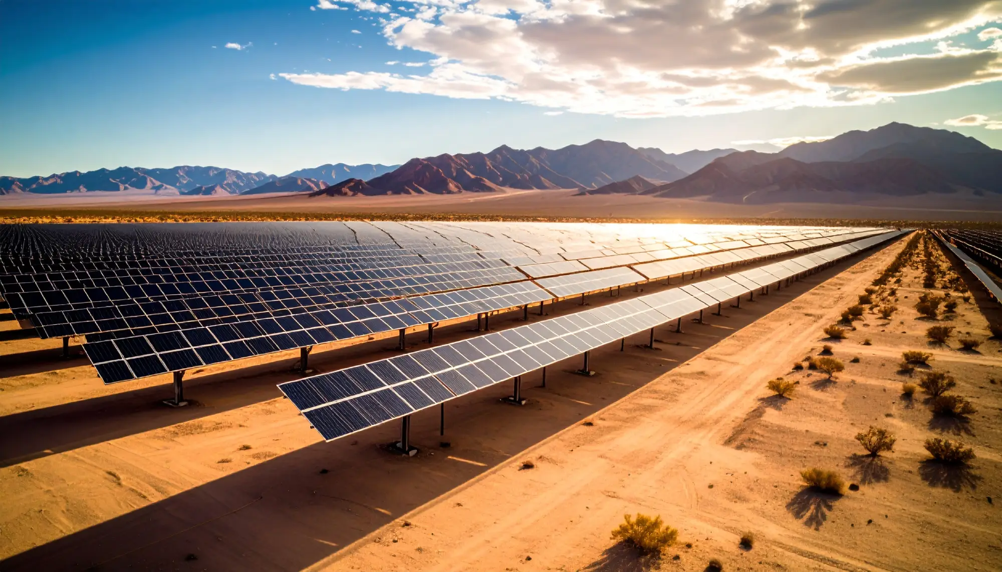 Installing polycrystalline solar panels at a desert solar power plant