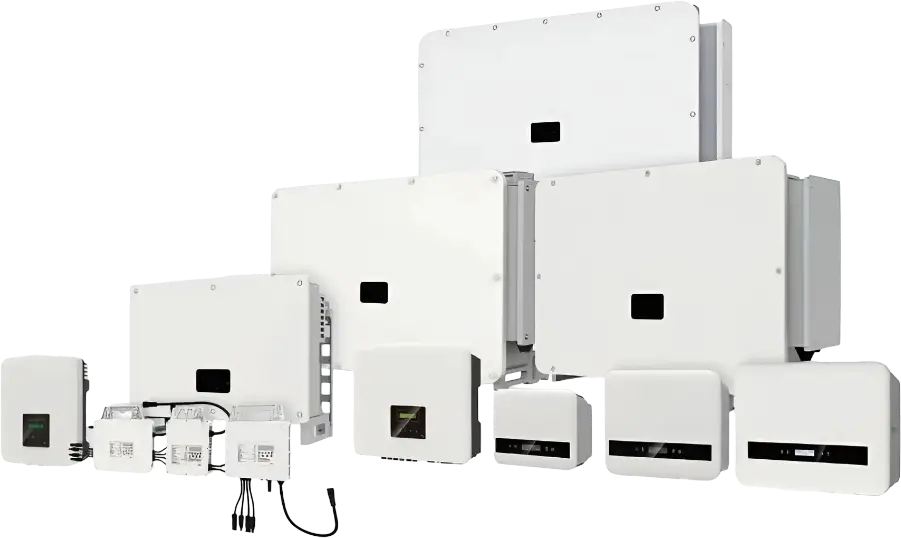 Close-up view of various single-phase and three-phase solar inverters