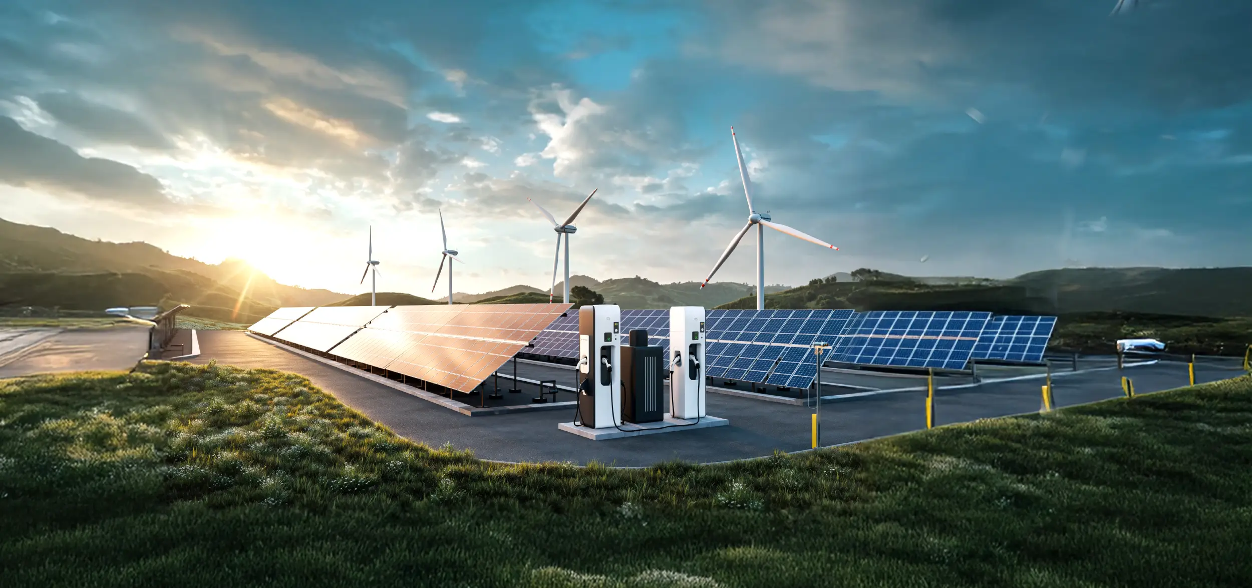 View of a solar and wind power plant and an electric vehicle charging station