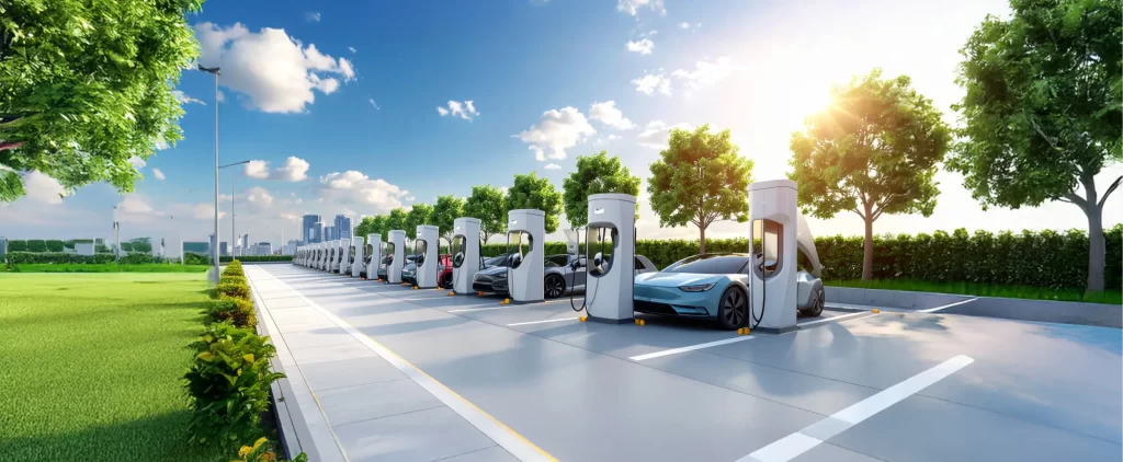 View of urban EV charging stations and chargers installed in a smart city environment