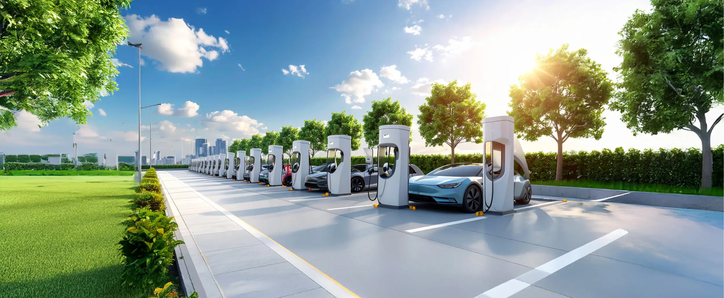 View of urban EV charging stations and chargers installed in a smart city environment