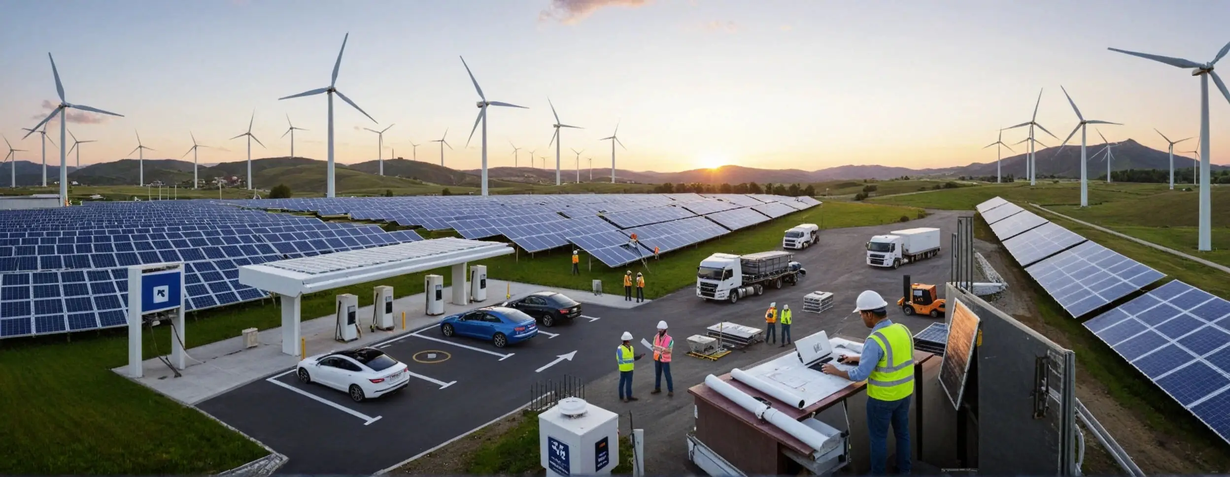 مهندسان در حال طراحی و راه اندازی نیروگاه خورشیدی و بادی، ایستگاه شارژ خودرو و انرژی های تجدیدپذیر