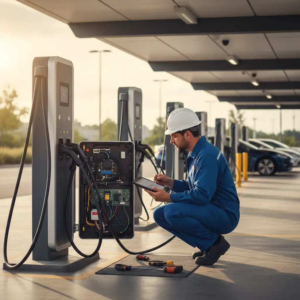 یک تکنسین در حال تعمیر و بررسی ایستگاه های شارژ خودرو برقی (EV Chargers)