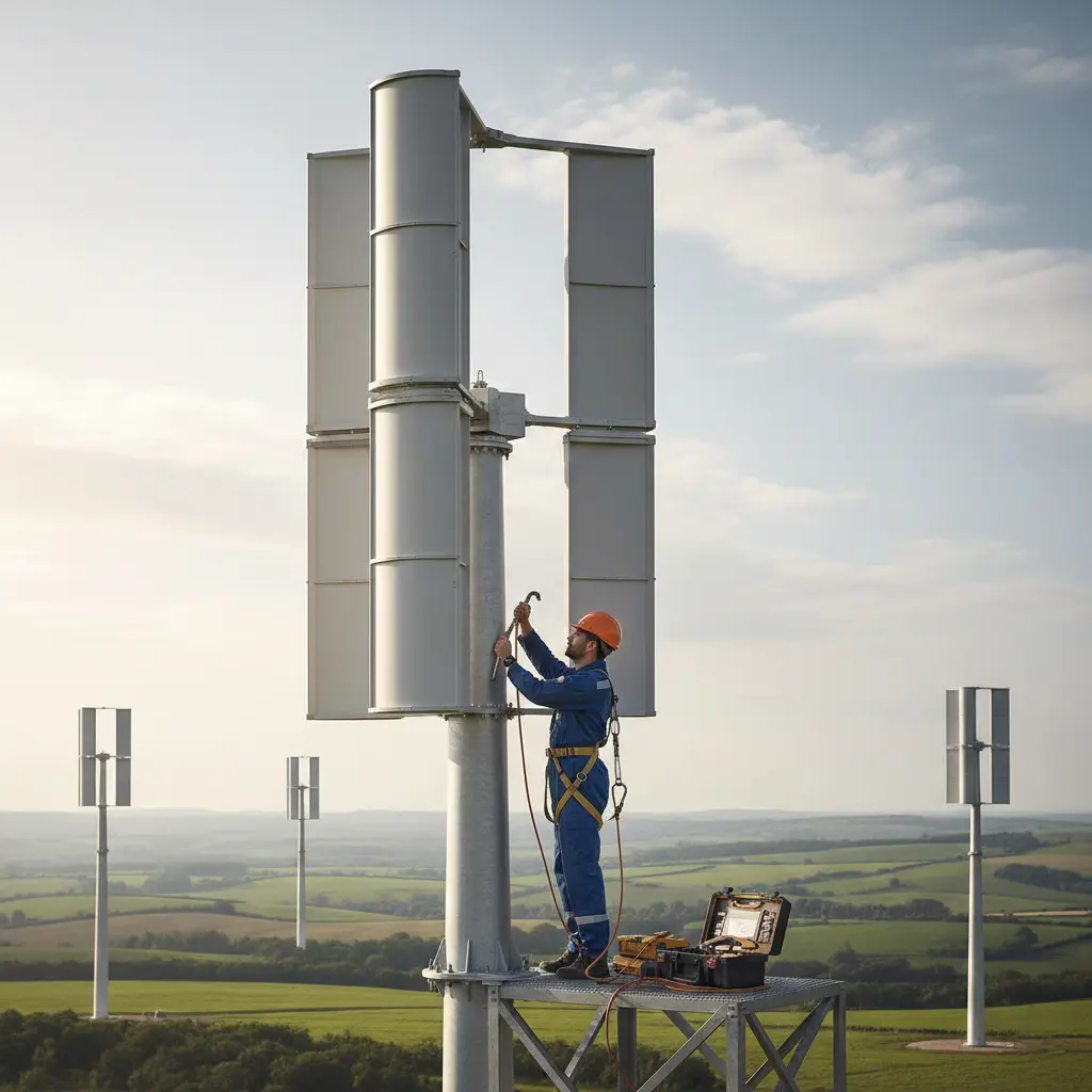 یک تکنسین در حال تعمیر و بررسی توربین های بادی محور عمودی (vawt)