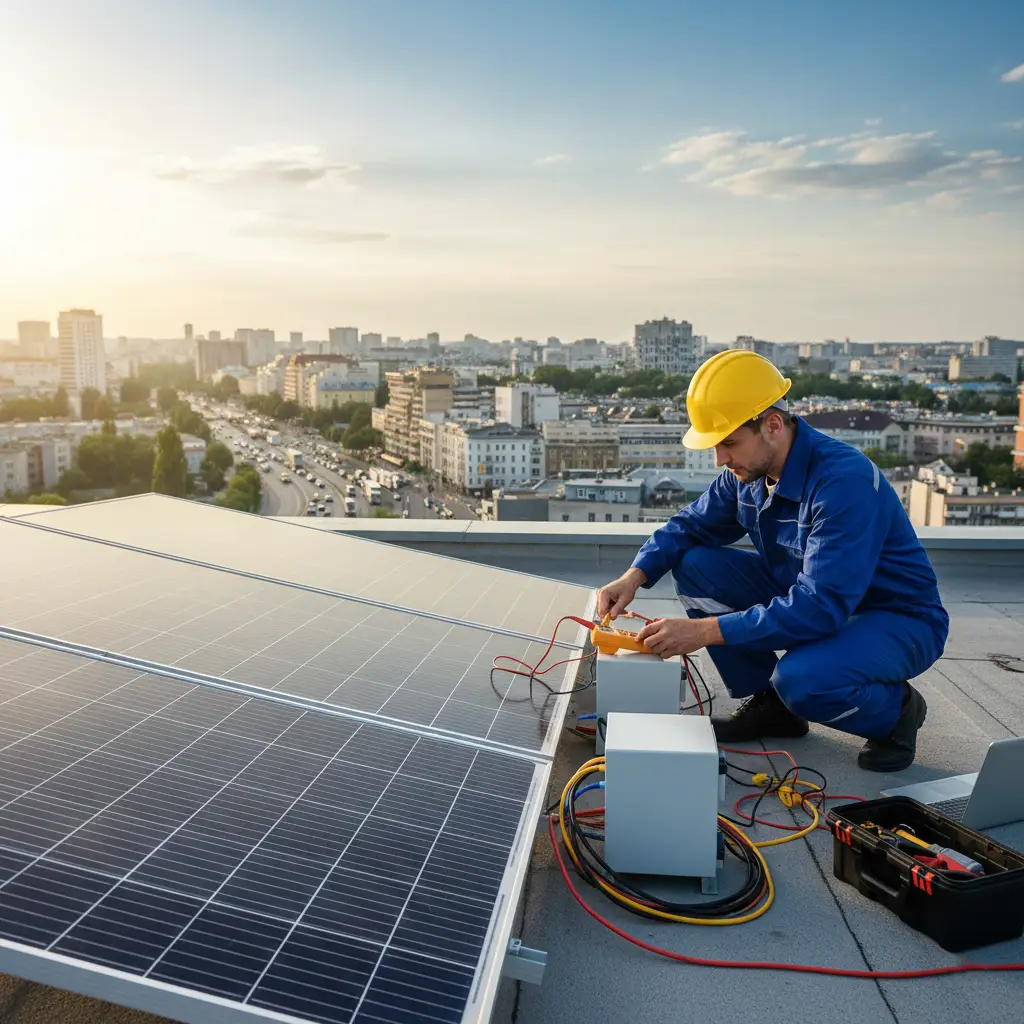 یک تکنسین در حال تعمیر و بررسی سیستم انرژی خورشیدی